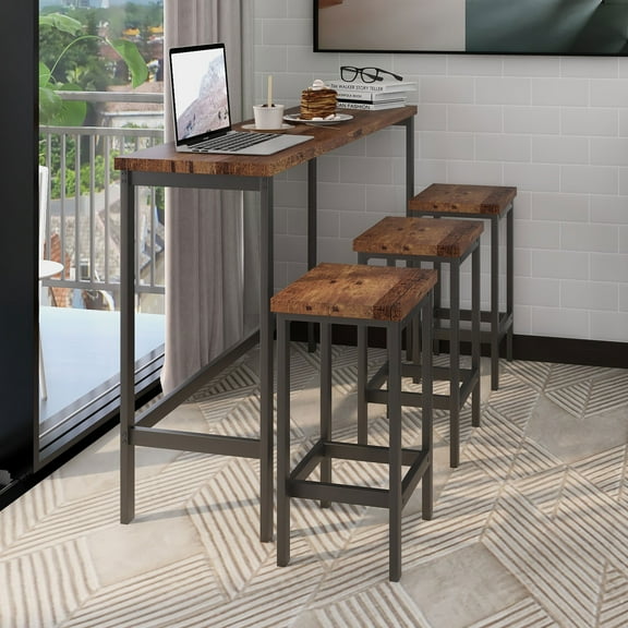 Counter Height Extra Long Dining Table Set with 3 Stools Pub Kitchen Set Side Table with Footrest,Brown