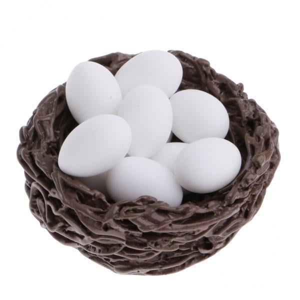 juego de nido y huevos para 2x1/12 accesorio de resina para casa de muñecas 1/12, nido marrón texturizado visto desde arriba con 7 huevos blancos miniatura, adecuado para micropaisajes y dioramas; tamaño aproximado 3.7×3.7×1.6 cm.