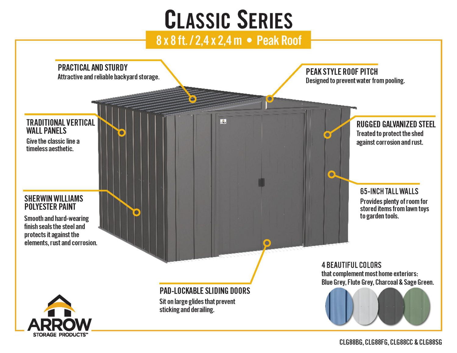 Arrow Classic Steel Storage Shed, 8x8, Flute Grey