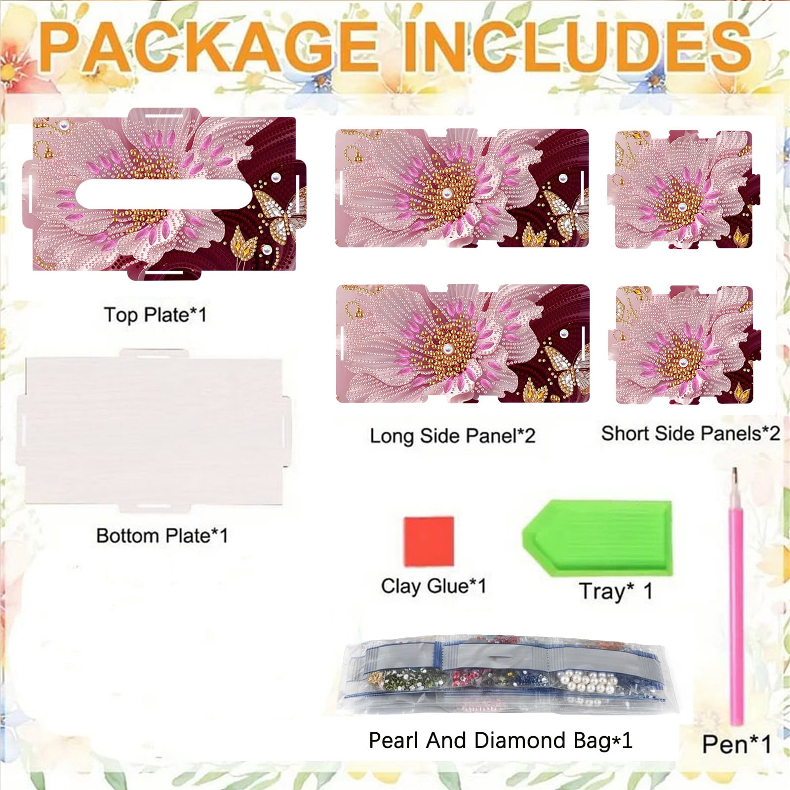 FLOPESN DIY Diamond Art Painting Flower Tissue Box – Wooden Storage Box with Crystal & Pearl Diamonds, Decor Craft Kit for Bedroom, Living Room (8.86 x 5.31 x 4.13 in)