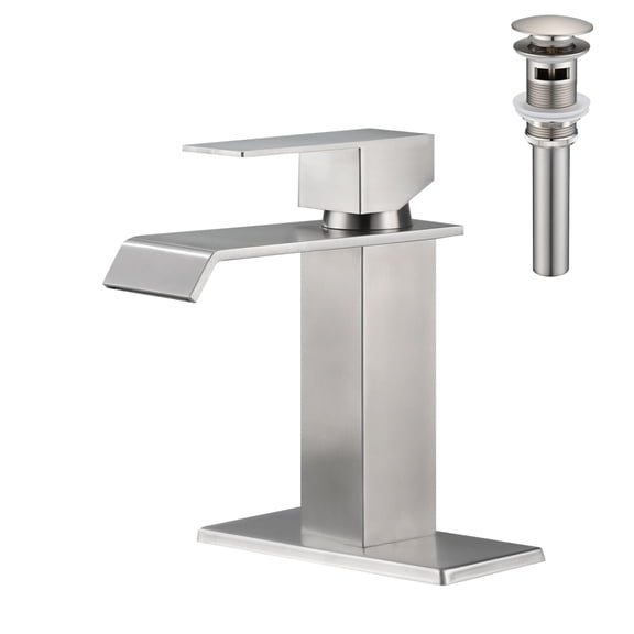 DECMAY Brushed Nickel Waterfall Bathroom Faucet with Single Handle and Pop-Up Drain, Stainless Steel Sink Faucet with Overflow