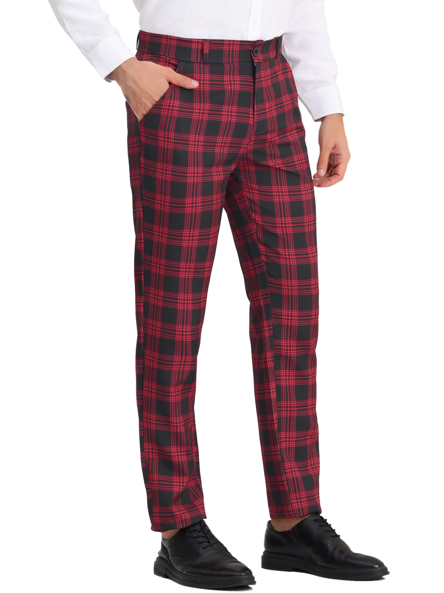 Unique Bargains Men's Business Plaid Lightweight Regular Fit Flat Front Checked Pants 38 Black Red
