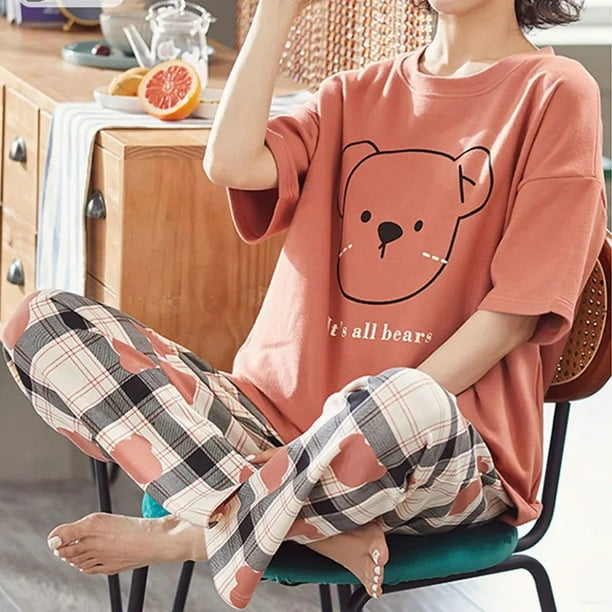Ropa de dormir fina de manga corta para mujer, conjunto de ropa para el hogar con estampado de dibujos animados, holgado y cómodo, pantalones incluidos, estilo bonito, verano