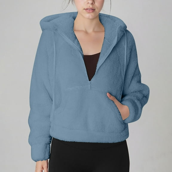 Black*Friday Chaoheng Fall Coats for Women 2025 Women's Solid Color Raglan Sleeve Hoodie,Cropped Half Zip Fleece Pullover with Pockets