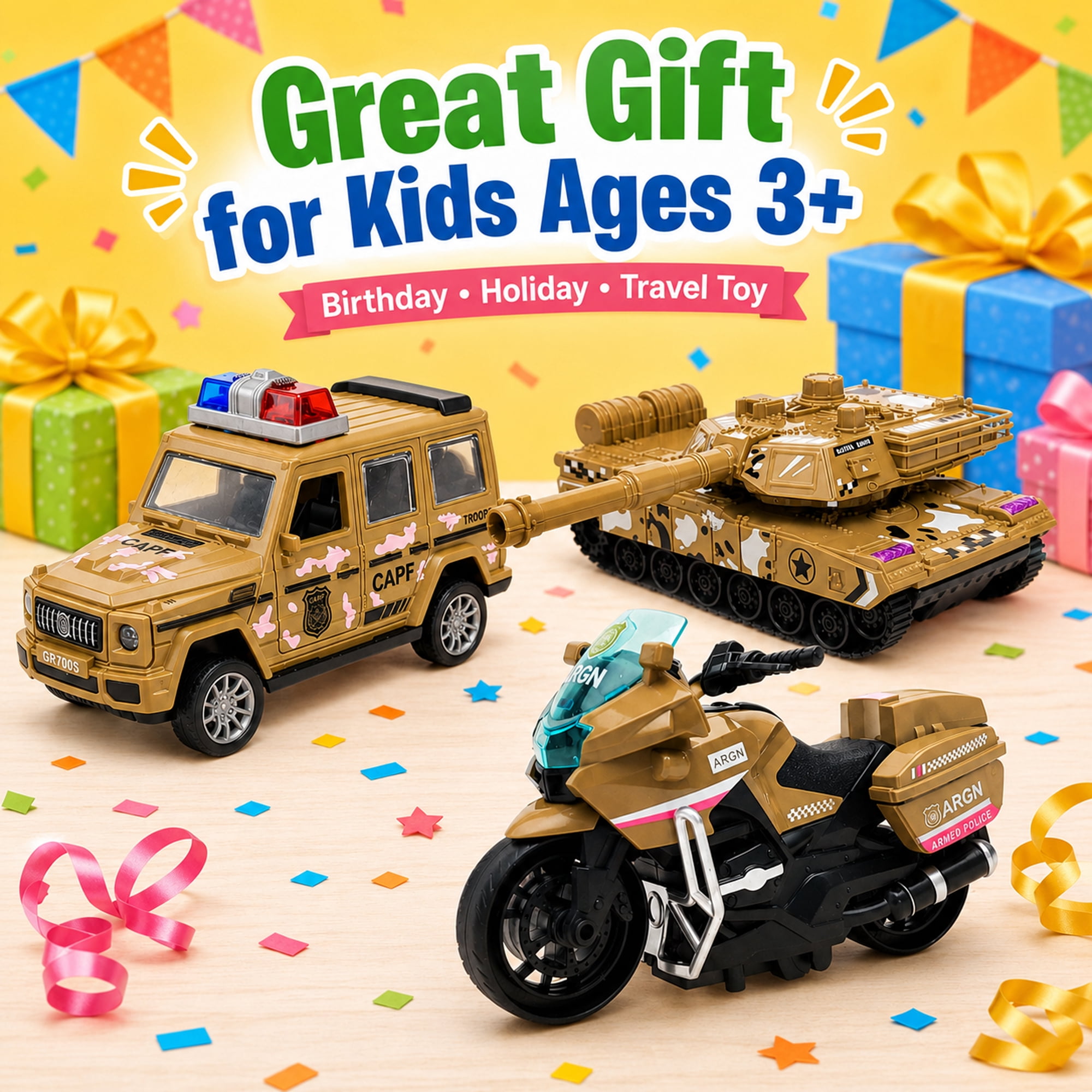 Friction Powered Vehicle Toys 3 Pack, Camouflage Tank Jeep Motorcycle Toy Set for Kids Ages 3+, No Battery Toy Cars, Birthday Gift