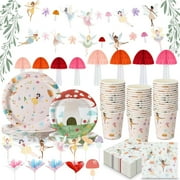 NOO 132 Pcs Fairy Party Supplies Decorations Include Fairy Disposable Floral Paper Plates Napkins Teacups Garland Banner Cake Topper and Honeycomb Mushroom for Spring Ballet Forest Birthday Party