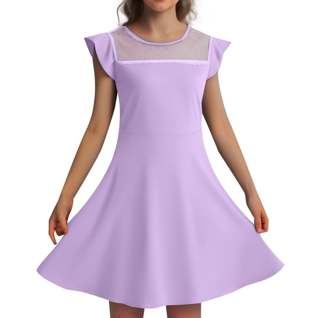 MIASHUI Robe d'Été Décontractée pour Filles avec Manches à Volants et Design Trapèze en Maille, Dotée de Poches Pratiques pour Enfants, Violet, 4-5 Ans