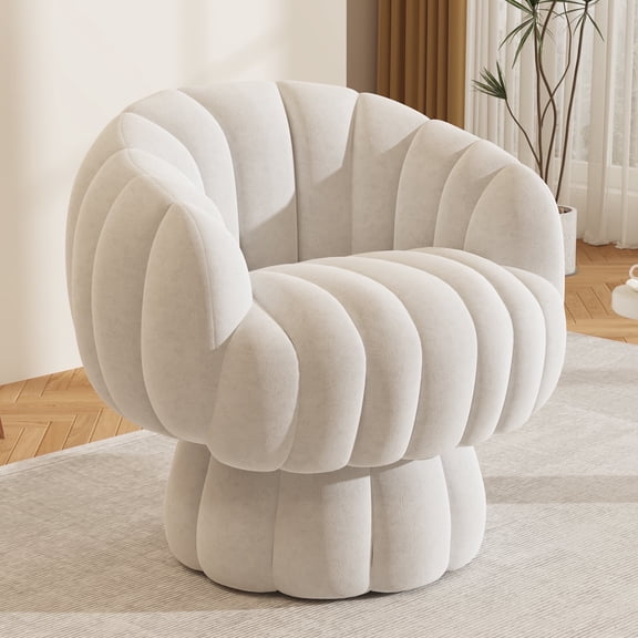 Mid Century Modern 360 Degree Barrel Swivel Accent Sofa Chair,Fluffy Velvet Fabric Lounge Wide Upholstered Pumpkin Reading Chair, Round Cloud Arm Chair for Living Room,Bedroom,Vanity.