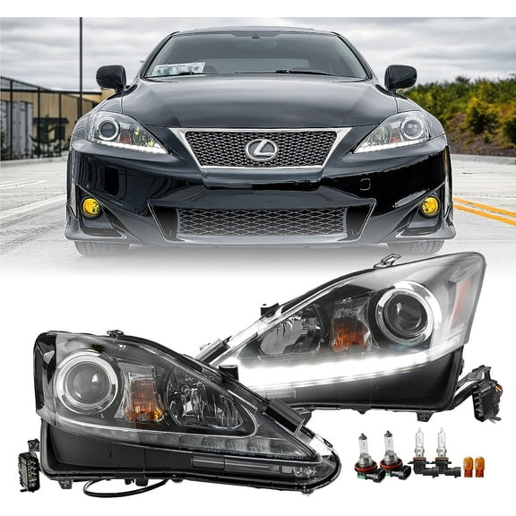 USR DEPO IS250 IS350 White LED DRL Projector Headlight Assembly Set (Left   Right) Compatible with Lexus IS250 IS350 ISF Halogen Models (Black Housing, LED Check Mark, Plug and Play, 2PC Set)