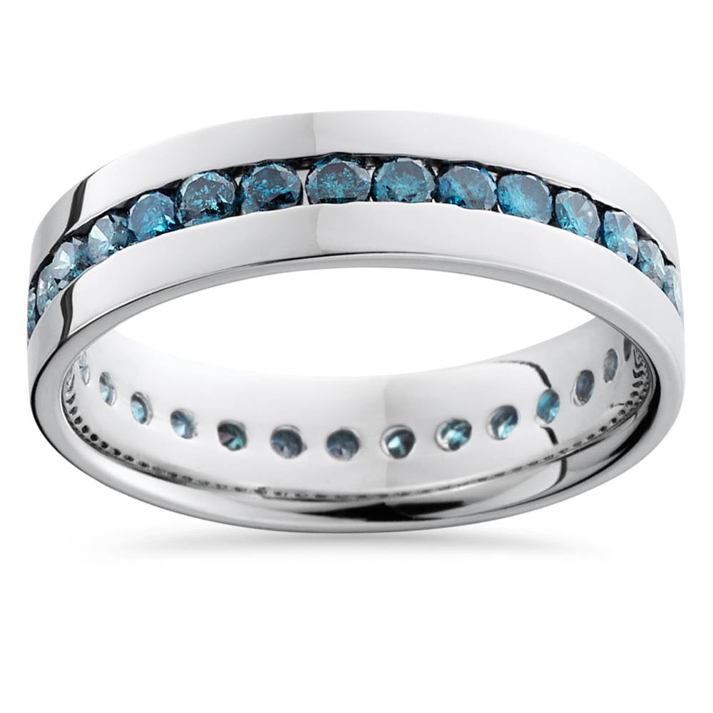 1 1/5ct Blue Round Diamond Channel Set Eternity Ring 14K White Gold Heat Treated