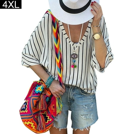 

BESTHUA Silk Striped V-neck T-shirt Top Blouse for Women