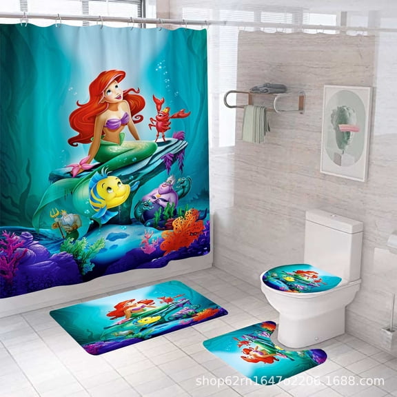 4 Pcs Ariel Bathroom Shower Curtain Set, Ariel Bathroom Set Shower Curtain Sets with Rugs(Bath Mat,U Shape and Toilet Lid Cover Mat) and 12 Hooks