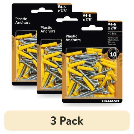 (3 pack) Hillman Multi-Material Ribbed Anchor Screws, #4-6 x 7/8", Plastic and Steel, 10 lbs, Yellow, 40 sets