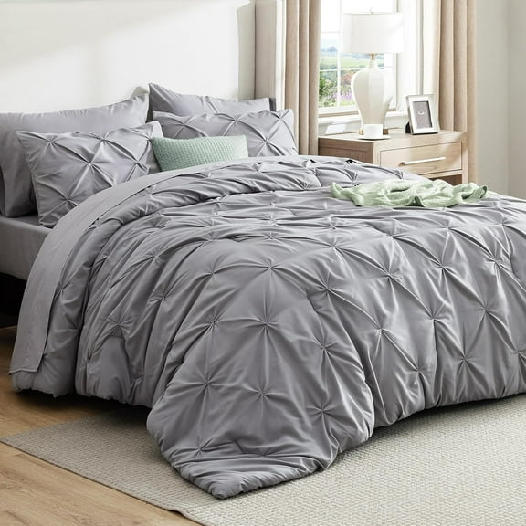 King Size Comforter Set - Bedding Sets King 7 Pieces Pintuck Bed in a Bag Grey Bed Set with Comforter Sheets Pillowcases & Shams