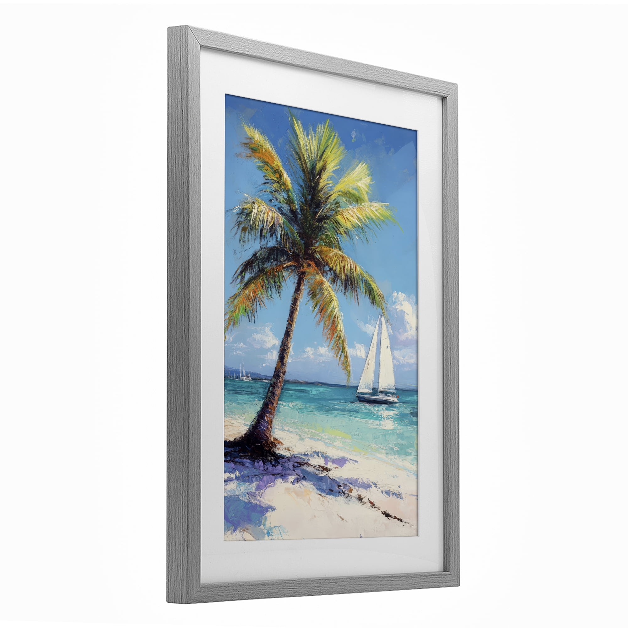 Stupell Industries Palms & Sails Beach View Gray Framed Print Under Glass, design by Petal Prints Design