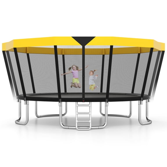 Gymax 15 FT Outdoor Trampoline w/Non-Slip Ladder Enclosure Net & Anti-Rust Coating Yellow & Black