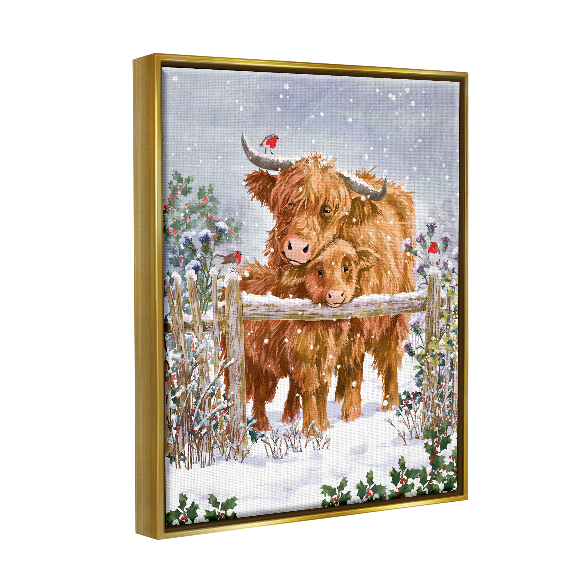 Stupell Industries Winter Cattle Cuddling Snow Scene Holiday Painting Gold Floater Framed Art Print Wall Art