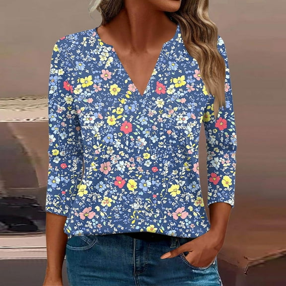 Aueoeo Summer Tees For Women Girls' Top Women'S Casual Printed Long Sleeve V-Neck Fitsted Tees For Women