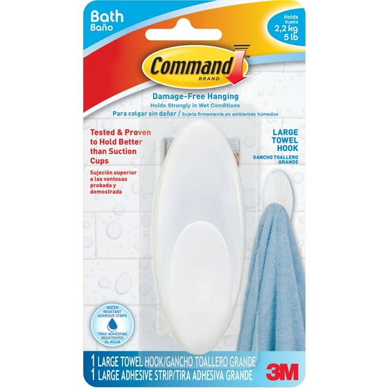 Command Towel Hook, Large, 1 Hook, Frosted, 1 Large Strip/Pack