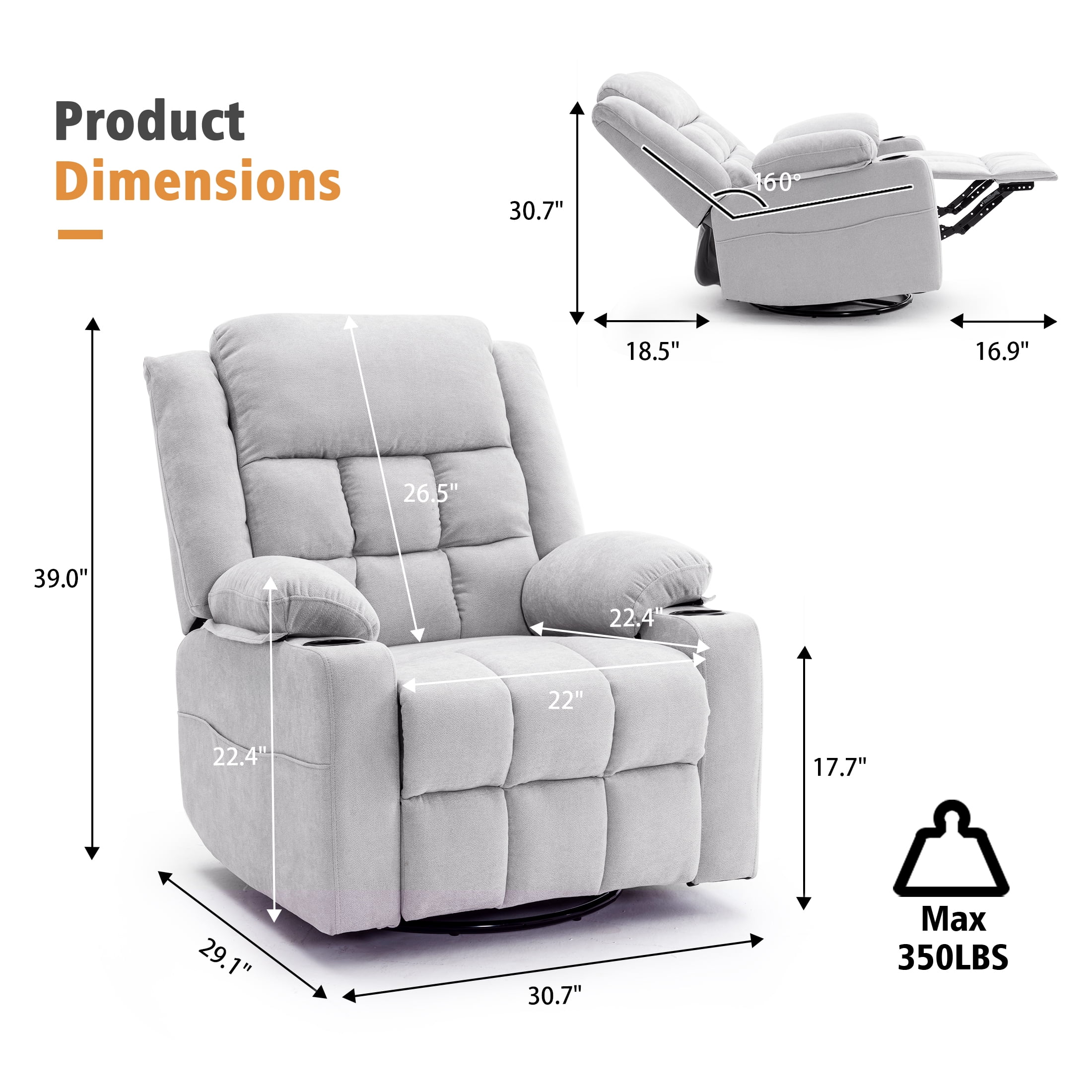 Sfxingyou  Power Swivel Rocker Recliner Massage Chair, USB and Type-C Ports, Electric Recliner Glider Reading Chairs Living Room, Upholstered Soft Fabric Reclining Sofa Chair,Grey
