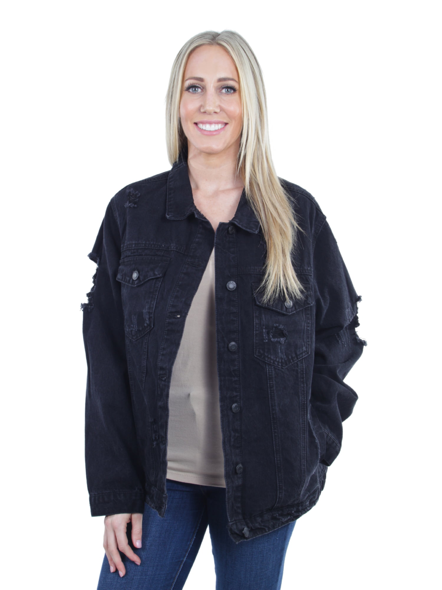 Women's Plus Size Oversize Ripped Denim Jackets Long Sleeve Jean Coats