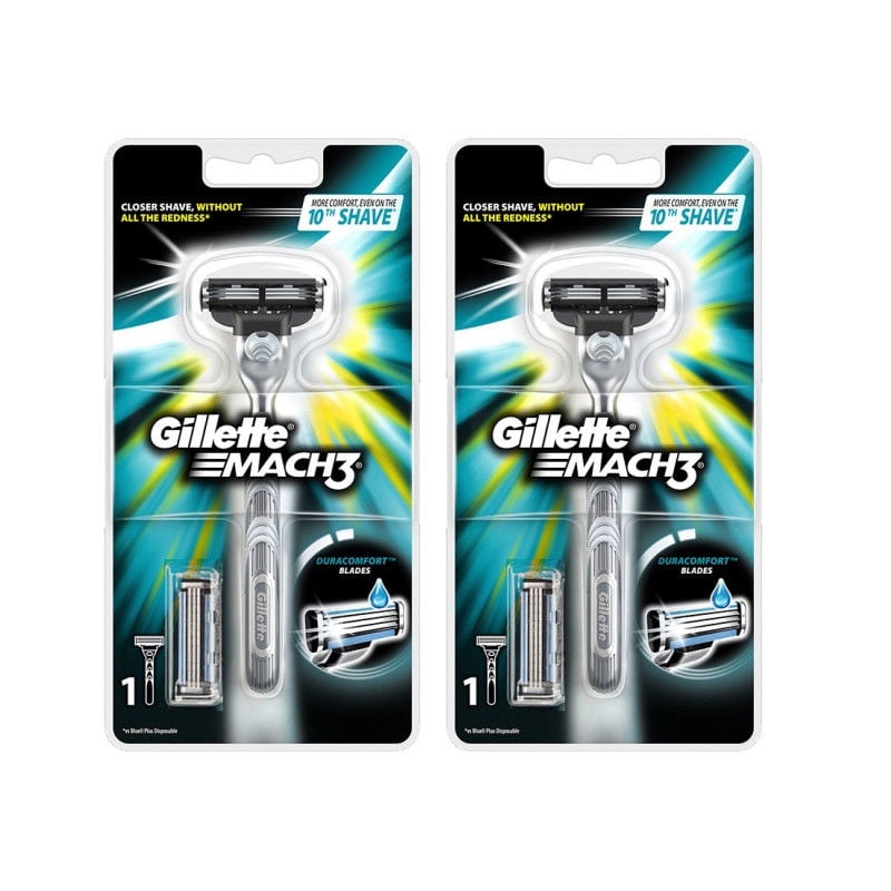 Gillette Pack Of 2 Mach3 Razor Handle with 1 Cartridge, Fits Mach3 and Turbo Blades - (2 Razor Pack)