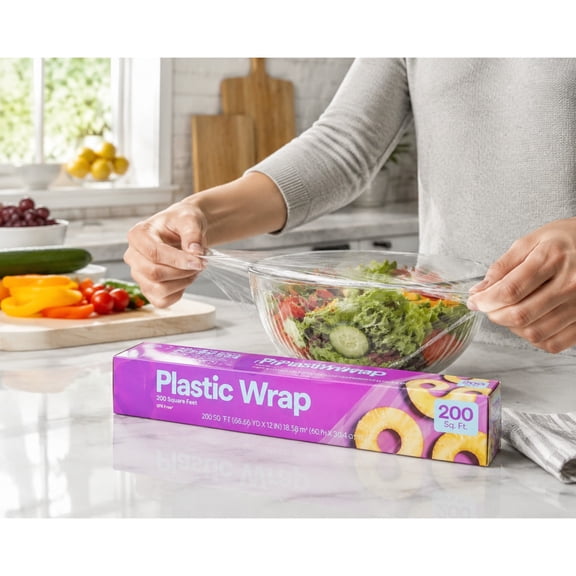 200 Sq Ft Plastic Wrap: BPA-Free, Microwave-Safe Food Storage Wrap, Self-Stick Cling Film for Kitchen, Meal Prep & Freshness