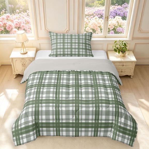 Manfei Green White Plaid Twin Comforter Sets,Vintage Check Bedding Set,Light Gray Reversible,2 Pieces,1 Comforter and 1 Pillowcase,2 Pieces,1 Comforter and 1 Pillowcase