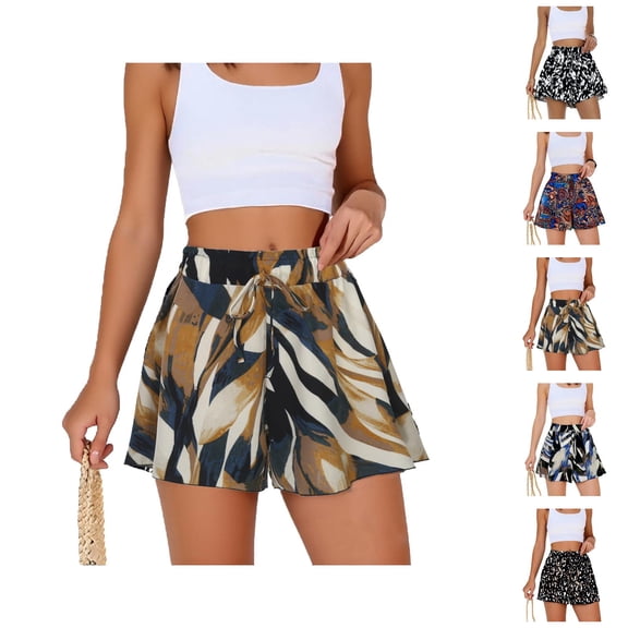 Flowy Shorts for Women 2026 Summer Casual Elastic High Waist Wide Leg Loose Fit Ruffle Floral Printed Boho Shorts
