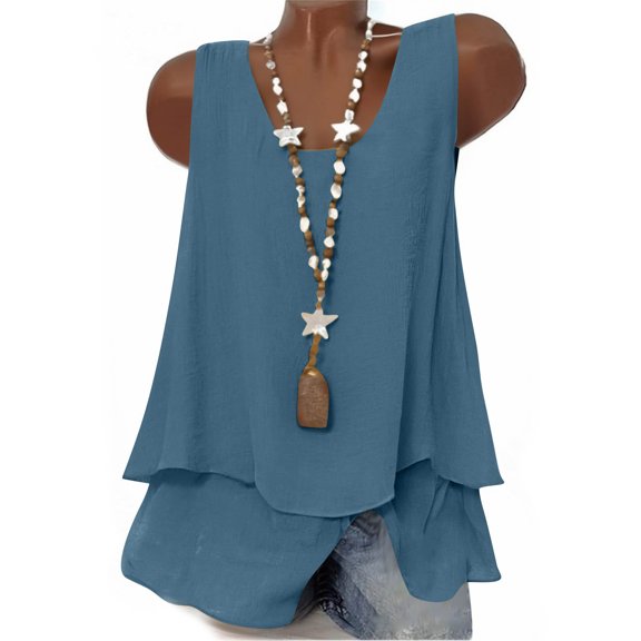Hurxie Women's Cotton Linen Tank Tops V Neck Casual Cami Sleeveless Camisole Blouses Summer Basic Tank Shirt Blue 2XL