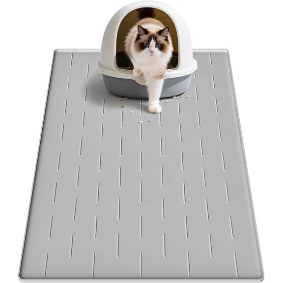 Silicone Cat Litter Trapping Mat, 34''x22'' Large Cat Litter Mat, Easy to Clean & Soft on Kitty Paws, Waterproof Kitty Litter Pads for Indoor Cats, Light Grey