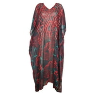 Mogul Women Red Black Rose Print Sheer Caftan Georgette Red Embroidered Maternity Dress 4X