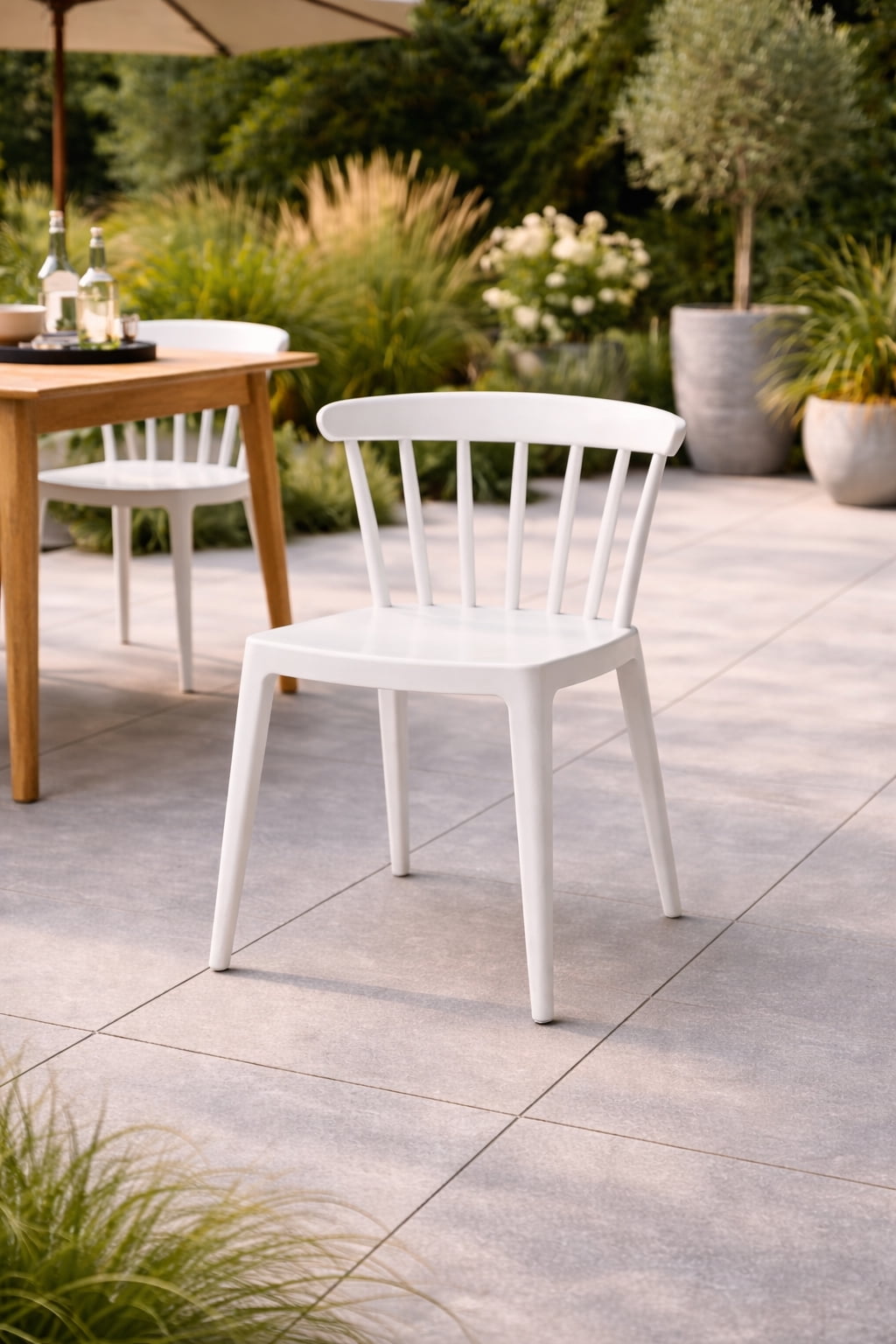 Modern Dining Elbow Side Chair Molded Plastic Indoor and Outdoor Stackable Slat Back Patio Chair, White, Set of 1, 1 piece