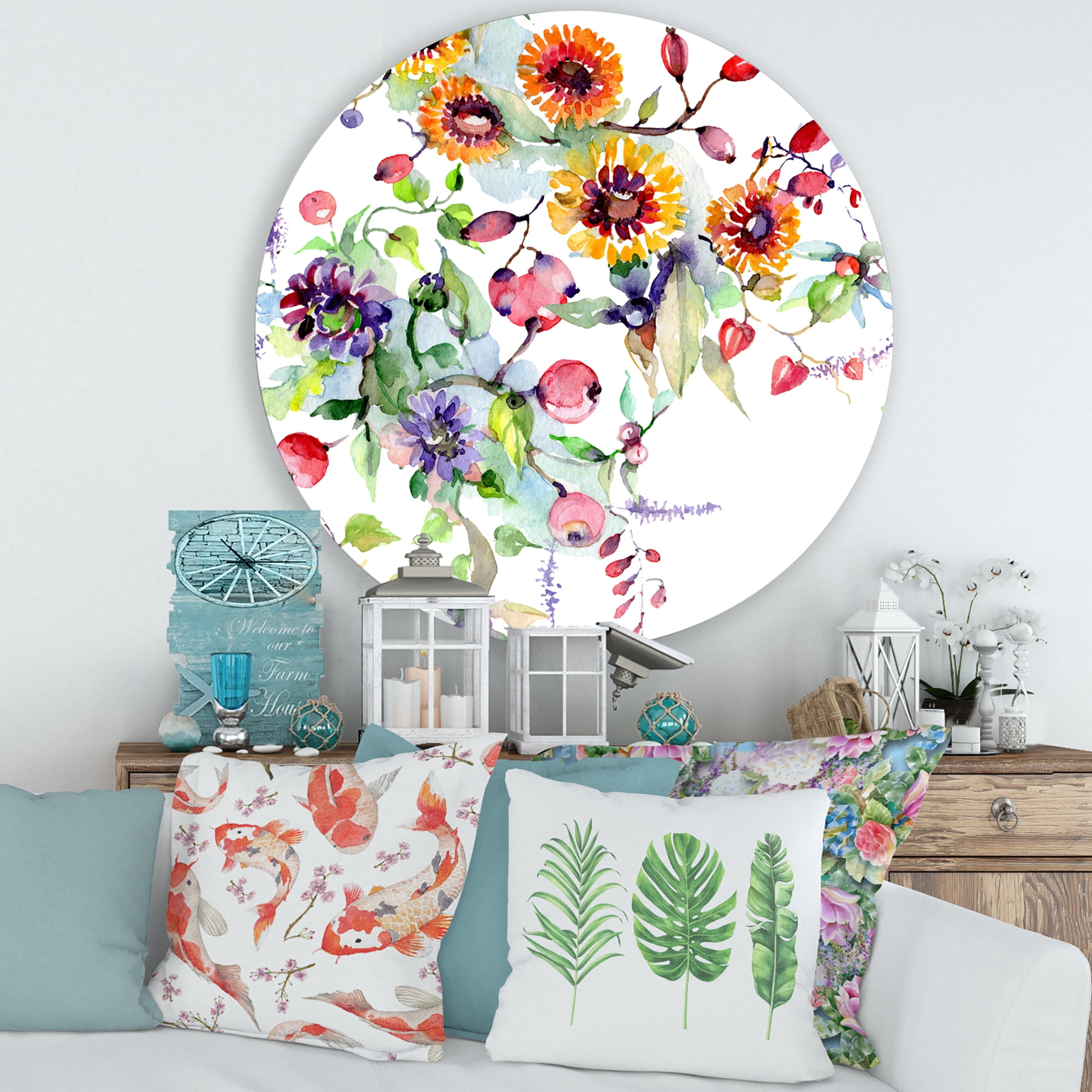 Designart 'Wildflowers and Vibrant Wild Spring Leaves XI' Modern Circle Metal Wall Art 29x29 - Disc of 29