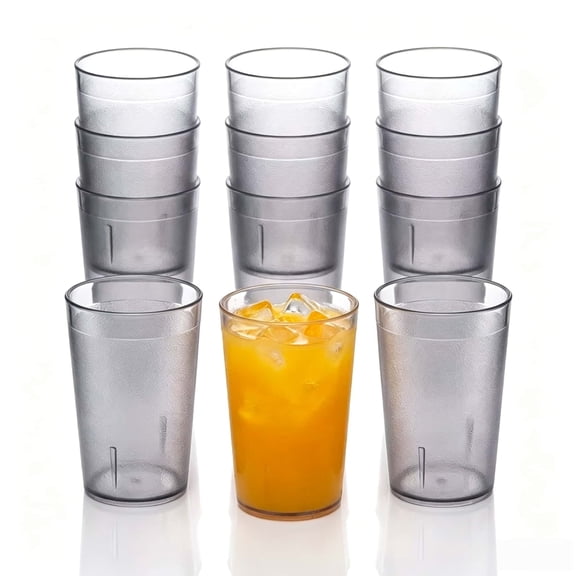 12oz Clear Plastic Restaurant Cups, Restaurant Grade Reusable Drinking Tumblers, Hard Plastic Tumbers, Stackable and Shatterproof Drinking Glasses, Dishwasher-Safe,Clear(12 Pcs)
