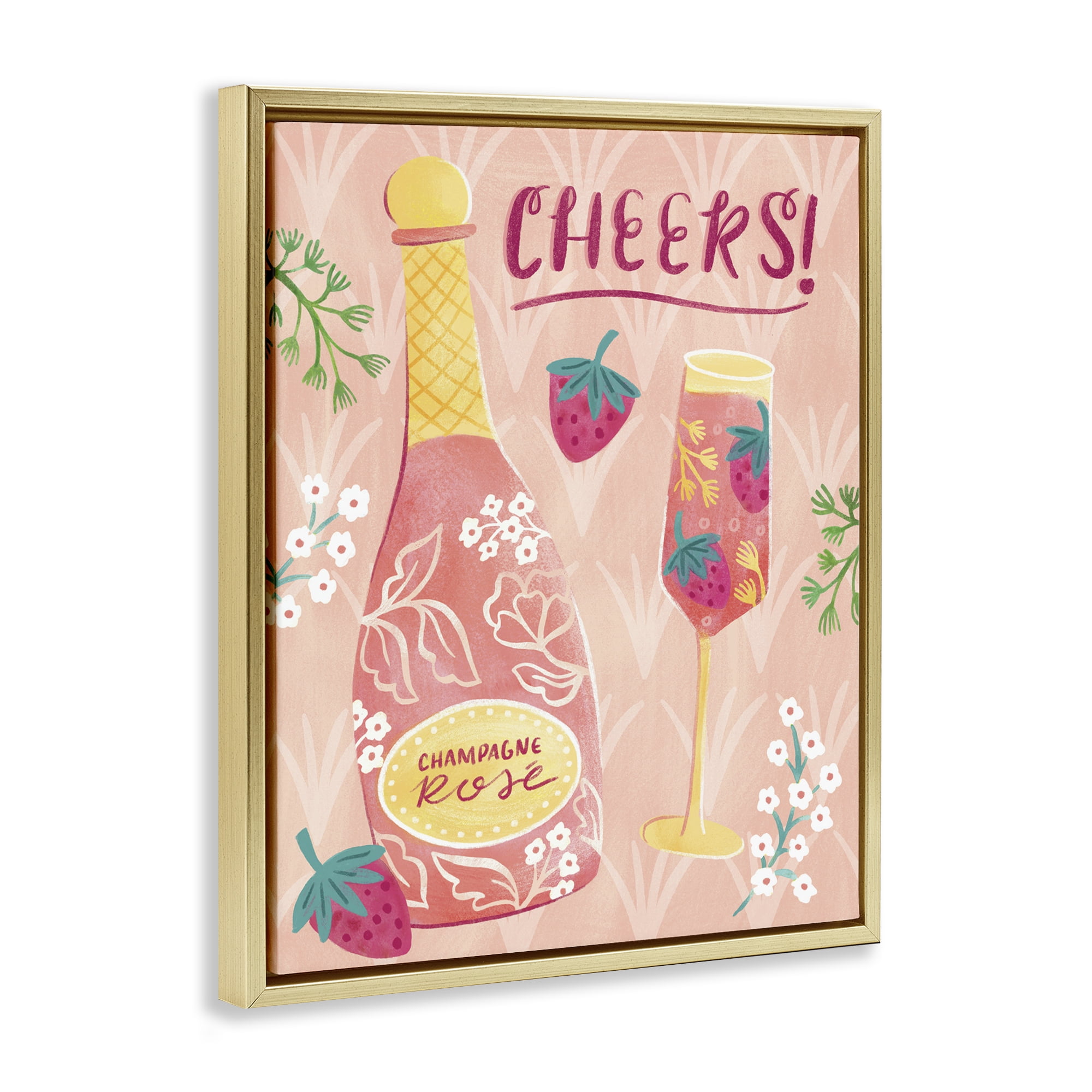 Stupell Industries Floral Rose Champagne Food & Beverage Painting Gold Floater Framed Canvas Art Print Wall Art, 17 x 21