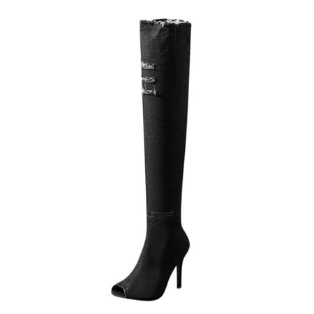 fukaraa Stiletto Heels for Women Open Pointed Toe Over The Knee Boots Ripped Denim Pumps Casual Shoes