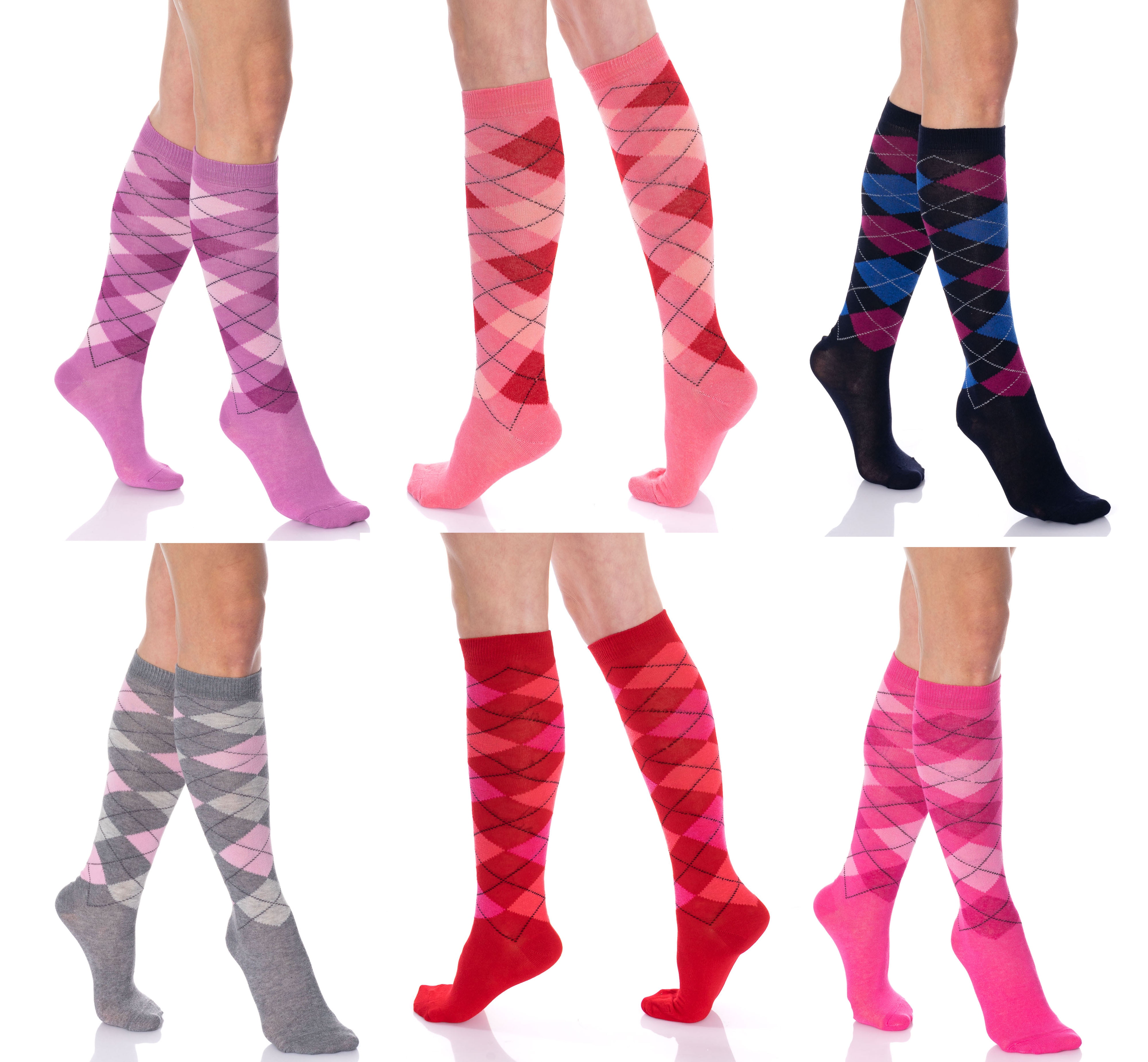6 Pairs Women Comfort Socks Lot Long Lady Classic Argyle Crew Stylish Pack