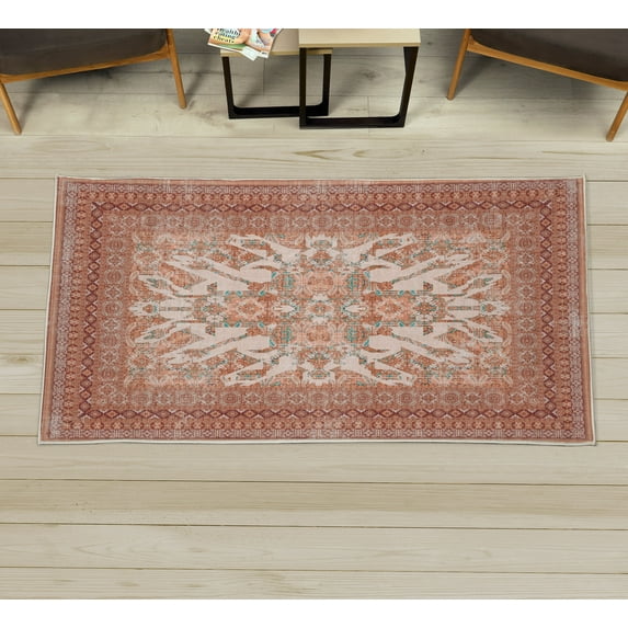 Vintage Decorative Rug, Caucasian Style Antique Ornaments Floral Blossoms and Geometric Details Damask, Quality Carpet for Bedroom Dorm and Living Room, 6 Sizes, Pale Rust, by Ambesonne