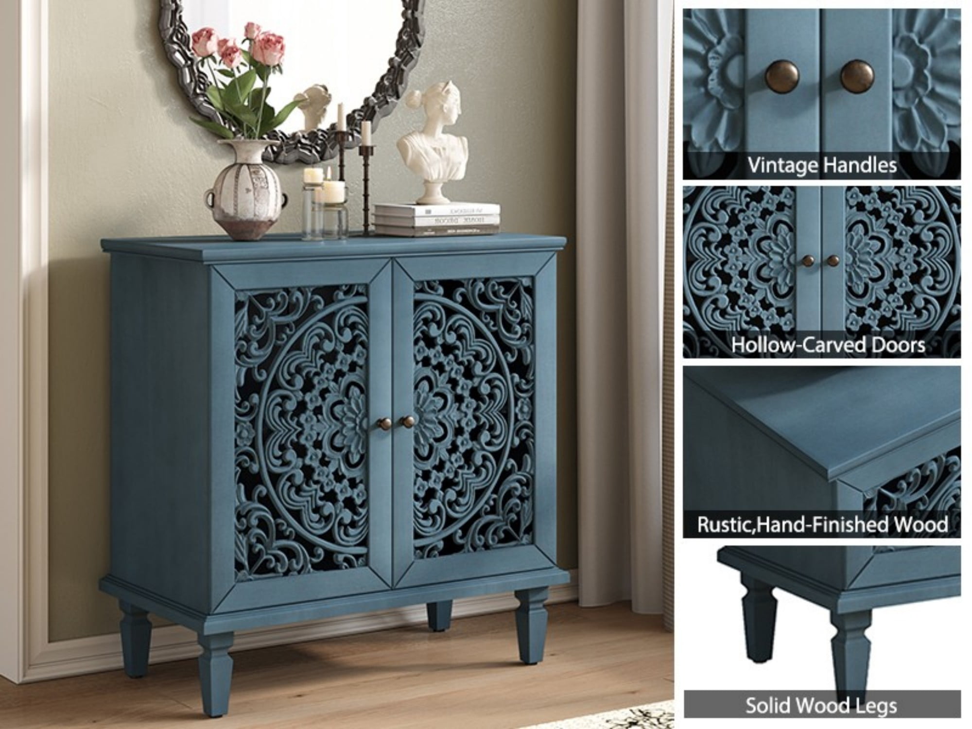 Vintage Accent Cabinet with Floral Carved Doors, 2 Door Sideboard Storage Cabinet with Adjustable Shelf, Antique Blue