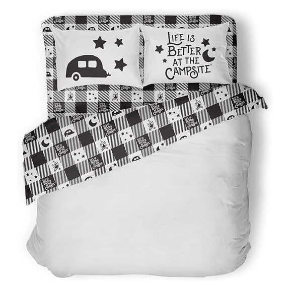 Life is Better at The Campsite Camper/RV King Sized Bed Sheet Set | Features Camping Theme Design on Buffalo Plaid Pattern | Crafted of Soft Machine Washable Polyester | 4-Piece Set (53474)
