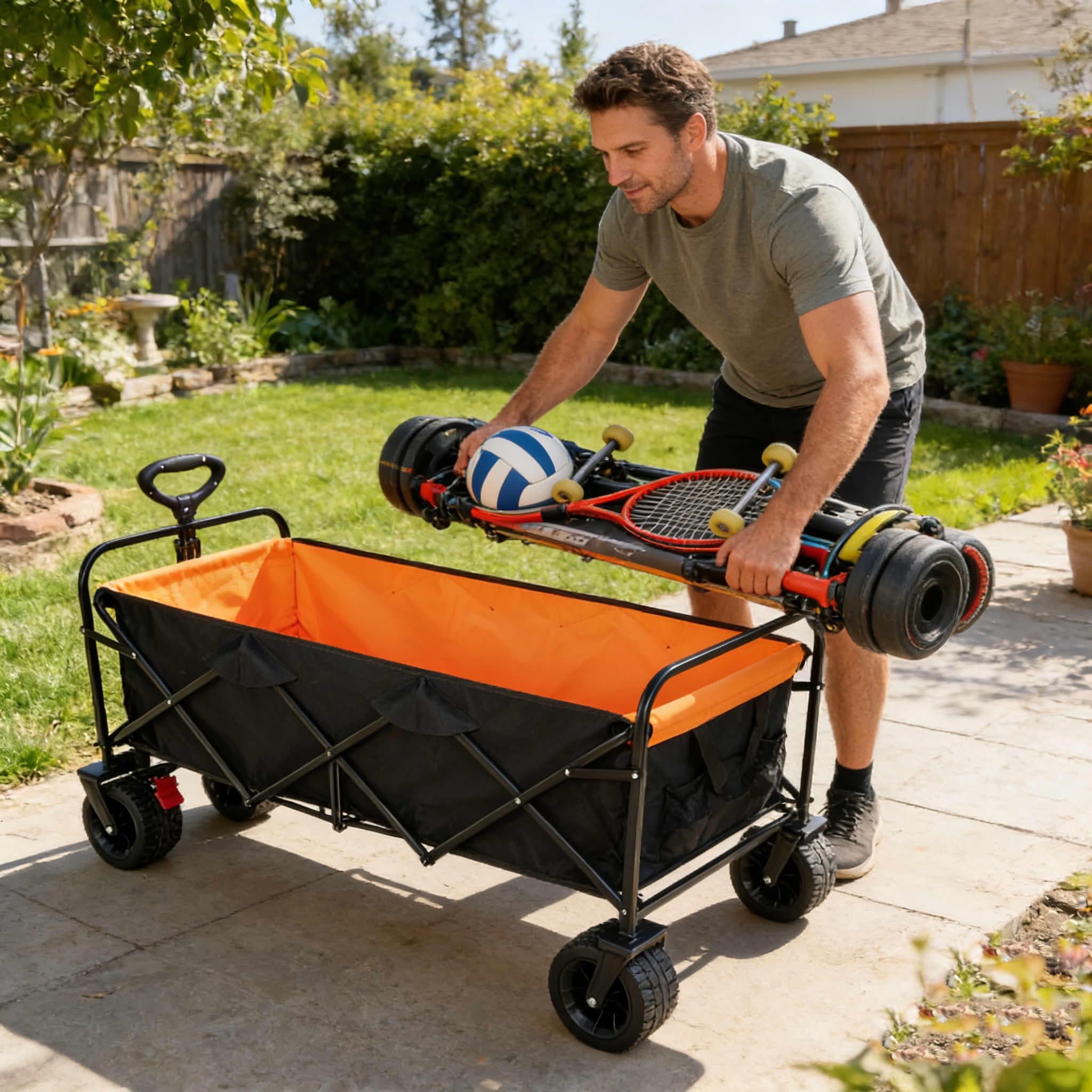 MAYEERTY Large Capacity Folding Wagon Cart, 150LBS Extender Brake Wheels, Black Orange for Garden Beach Shopping