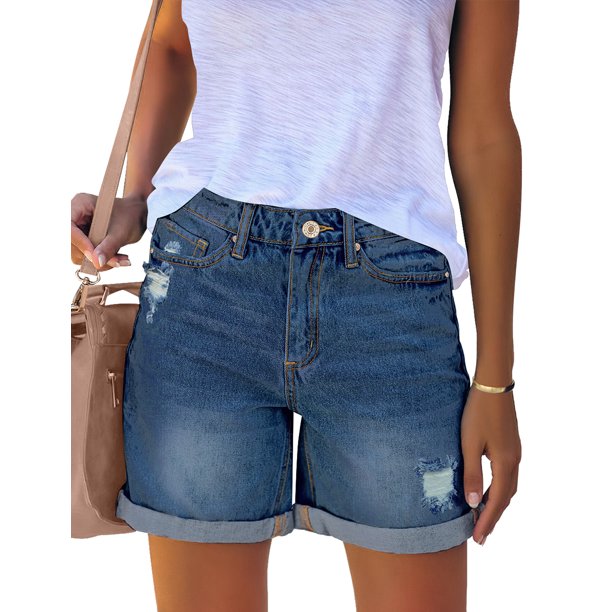 Vetinee Women's Stretch Cuffed Hem Denim Shorts Casual Ripped