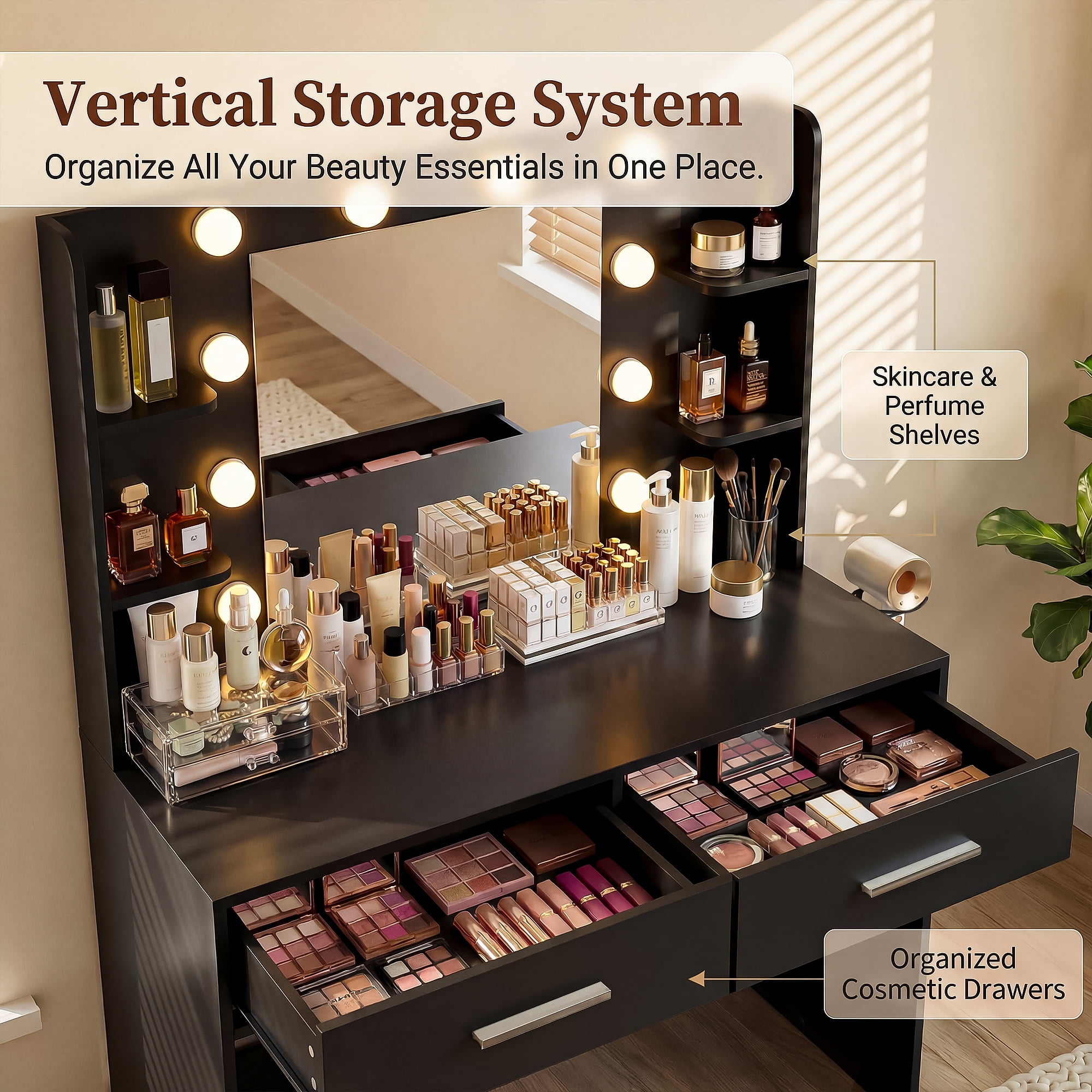 Homall Makeup Vanity Set with Mirror & 3 Modes Lights, Vanity Desk with Storage Drawers & Shelves, Vanity Table with Power Outlet for Bedroom Dressing Room, Black