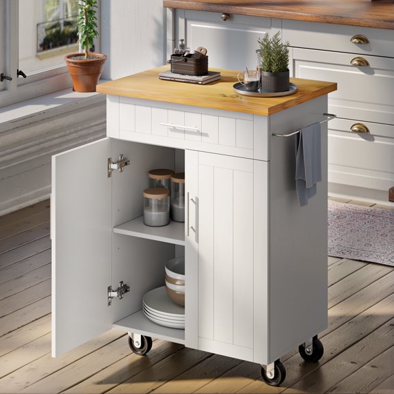Walsunny Kitchen Island Table Stand with Storage on Wheels,Rolling Kitchen Cart Storage Cabinet with Drawer,White