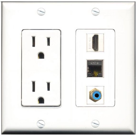 RiteAV - 15 Amp Power Outlet 1 Port HDMI 1 Port RCA Blue 1 Port Shielded Cat6 Ethernet Ethernet Decorative Wall Plate