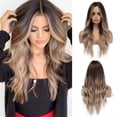 thumbnail image 1 of Esmee-peluca rubia ombré de 20 pulgadas con flequillo, pelucas onduladas largas sintéticas para mujer, pelo rubio de raíces marrones, 1 of 4