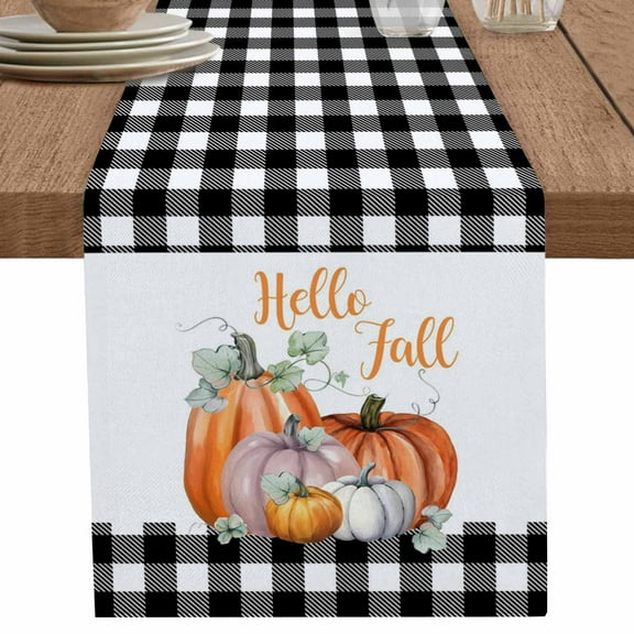 Thanksgiving Table Runner 90 Inches Long for Dining Table Decor,Hello Fall Pumpkin Black White Plaid Burlap Linen Farmhouse Table Runner Coffee Table Runners Dresser Scarf for Kitchen Party Holiday