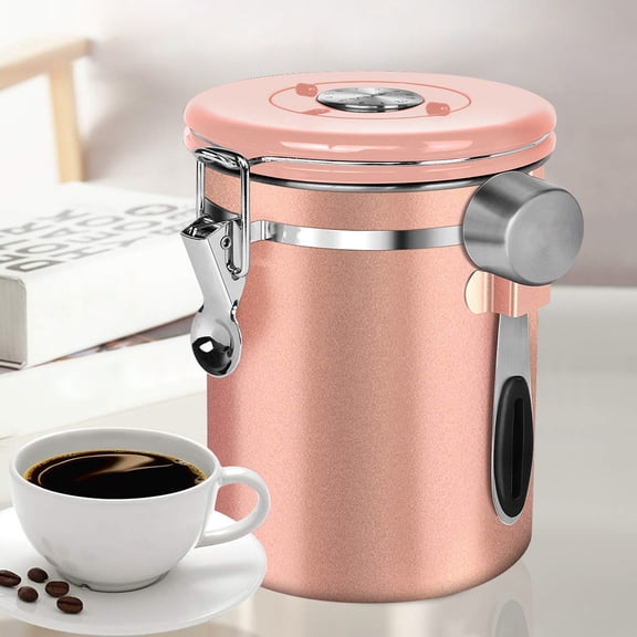 Airtight Stainless Steel Coffee Canister, 22.8oz/648ml – Rose Gold with CO2 Valve, Date Tracker & Scoop for Coffee Beans & Grounds
