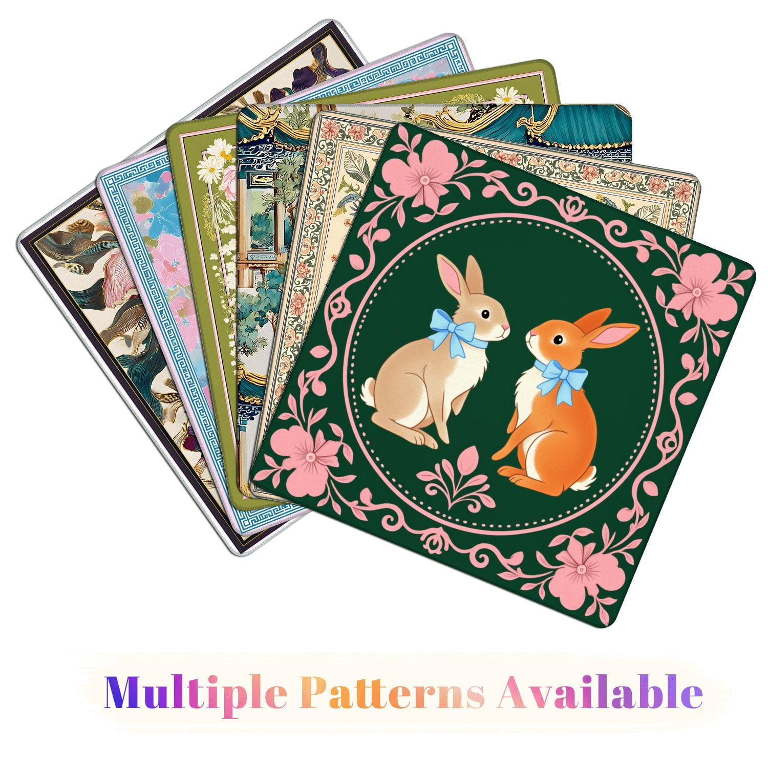 Mahjong Mat 31.5" x 31.5" Cute Pair Bunnies Blue Bows Surrounded by Floral Non-Slip Noise Reduction American Mahjong Tiles Table Cover for Dominoes Poker Card Board Games Gift
